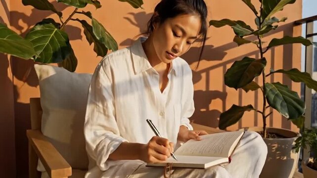 Woman writing in journal outdoors on balcony with plants, enjoying quiet moment of reflection and creativity
