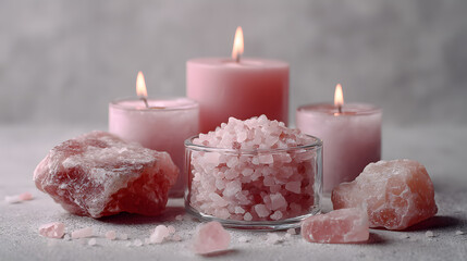 Spa treatments with pink stones and pink sea salt on a gray background