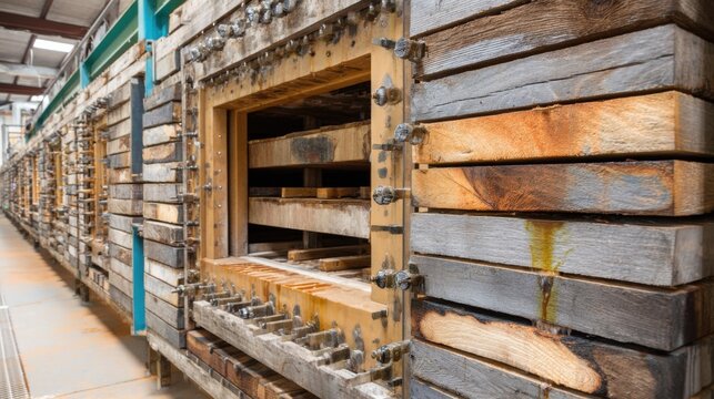 Closeup of commercial pressure treatment process showing wood planks infused with preservatives inside a large industrial chamber
