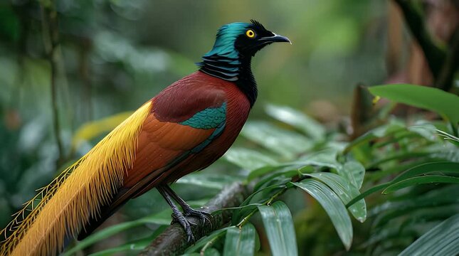 Exotic Bird of Paradise Perched on a Branch in Lush Rainforest.
