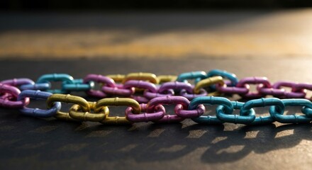 Colorful metal chains interlink on a dark, textured surface, bathed in warm sunlight