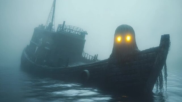 Haunted ghost ship emerges from eerie fog with glowing eyes, a terrifying maritime legend brought to life, perfect for horror and mystery projects