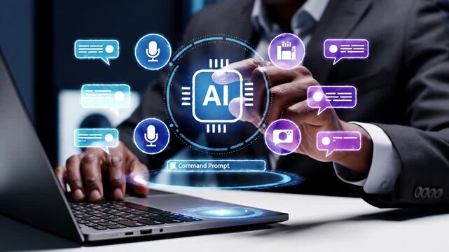 Professional man interacting with AI system for business automation and digital communication, leveraging artificial intelligence, chatbot, and virtual assistant technology to improve efficiency and..