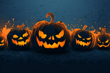 spooky jack o lanterns glowing with orange light on a dark blue background with orange speckles