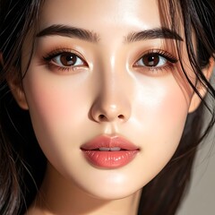 Portrait of a radiant young woman with bright brown eyes and glossy lips, framed by loose, dark hair