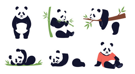 A delightful collection of cartoon pandas engaging in various activities such as eating bamboo, resting on a branch, and playing.