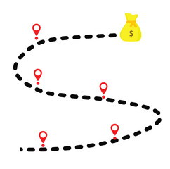 Vector illustration of a map showing the location of a yellow money bag with a dotted winding road and a flat design location icon. Business, finance, economics.