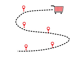 Vector illustration of a map showing the route to a shopping cart destination with a dotted winding line and a location icon in a flat design style. Business, finance, economics.