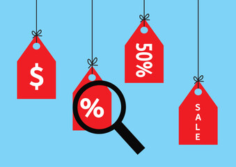 Special discount sale label, discount price, dollars, percentage, 50%, Black Friday, business, shopping.