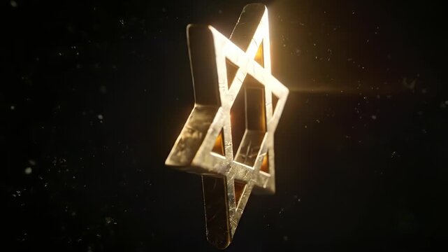 majestic cinematic close-up of a golden Star of David floating in a dark void. The metal has an antique brushed texture with scratches and imperfections. Dramatic rim lighting, ray of divine light.