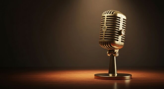Gold vintage microphone on wooden surface, spotlight illumination