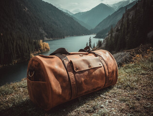 Premium brown leather duffel bag placed on wooden posts with a stunning mountain lake and evergreen forest in the background. Adventure and travel luxury.