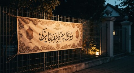 Illuminated banner with ornate Arabic calligraphy on a fence at dusk