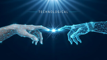 Experience the future of connectivity with this captivating image showcasing two hands reaching out, symbolizing innovation and technological advancement today.