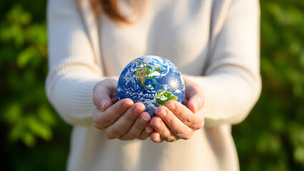 A serene image showcasing the Earth held gently in cupped hands, symbolizing care and environmental responsibility, ideal for eco-conscious campaigns.