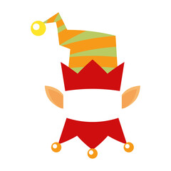 Flat vector Christmas elf striped hat and ears. Minimal festive illustration isolated on white background.
