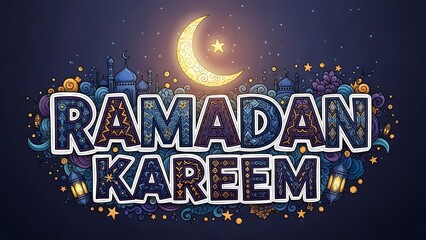 Ramadan Kareem greeting card with crescent moon and stars on a night sky background