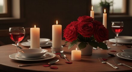 Romantic dinner setting candles, red roses, wine glasses, and plates on a wooden table