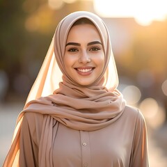 Portrait of a smiling woman in a hijab with warm sunlight and blurred background, serene expression