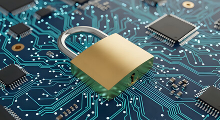 Secure digital data concept represented by a brass padlock resting on a glowing electronic circuit board