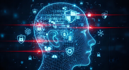 Digital wireframe human head profile visualizing artificial intelligence and cybersecurity protection concepts