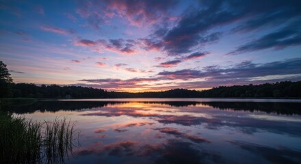Fototapeta premium Serene lake reflecting vibrant sunset hues across a tranquil, misty landscape