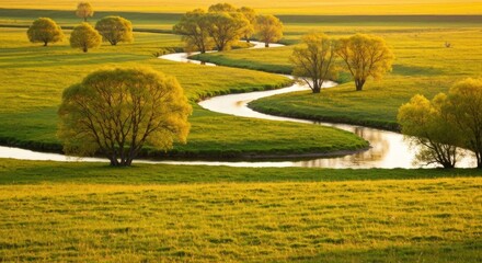 Serpentine river meanders through sunlit, verdant meadow dotted with willow trees at golden hour