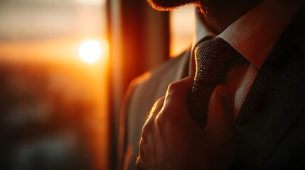 Close-Up of a Businessman Adjusting His Tie During Golden Sunrise