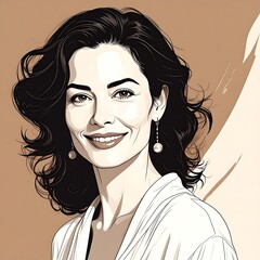 Portrait of a smiling woman with dark curly hair and elegant earrings against a shaded tan background