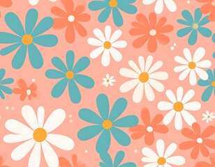 Playful floral pattern with cartoonish daisies in white, blue, and coral set against a peach backdrop