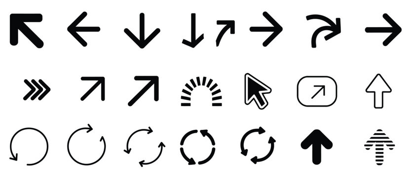 arrow vector icon pack featuring black directional symbols, navigation pointers, curved lines, and straight indicators for professional user interface design and modern web development projects.