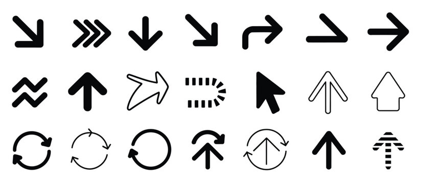 arrow vector icon pack featuring black directional symbols, navigation pointers, curved lines, and straight indicators for professional user interface design and modern web development projects.