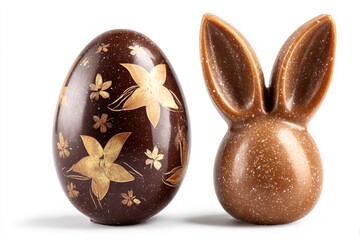 two traditional Easter chocolate confections one is an egg decorated with gold flowers the other is a bunny shaped figure