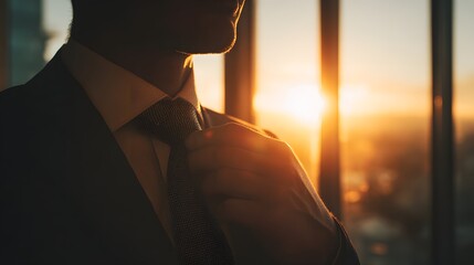 Close-Up of a Businessman Adjusting His Tie During Golden Sunrise