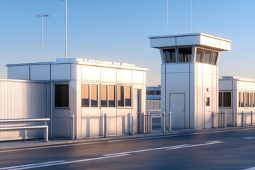 White airport-style rooftop complex with a central control tower, glass windows, railings and a clear blue sky