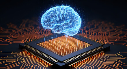 Holographic blue glowing brain symbolizing artificial intelligence processing atop a microchip