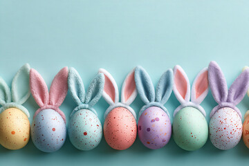 a row of colorful speckled easter eggs wearing fluffy bunny ears on a pastel blue background
