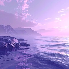 Purple-hued seascape, rocky coast meets the serene ocean beneath a pastel sky with mountains on the horizon