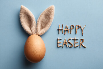 whimsical Easter egg with bunny ears and handmade greeting text on a pastel blue background