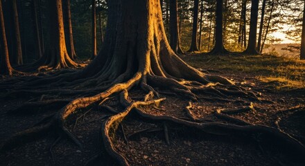 Sunlit forest floor reveals massive tree roots, extending outwards in a network
