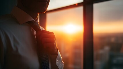 Close-Up of a Businessman Adjusting His Tie During Golden Sunrise
