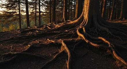 Sunlit forest scene showcasing massive tree roots sprawling across the ground, in the golden hour light