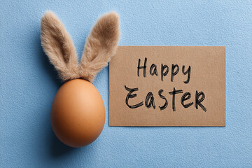 A festive Easter egg adorned with fluffy bunny ears sits beside a hand-written "Happy Easter" note on a soft blue background