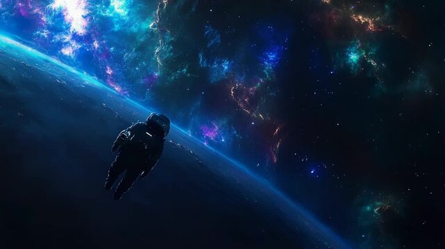 Astronaut floats serenely near Earth against vibrant cosmic nebula, exploring the vast unknown of deep space