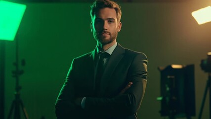 Confident businessman with arms crossed, illuminated by professional studio lights, exuding authority and expertise for media presentations.