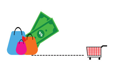Vector illustration of the economic concept of shopping and financial transactions at a store using a shopping cart. Dollars, buying and selling, currency, shopping bag.