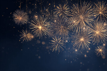 Golden fireworks explode against a dark blue sky creating a festive and celebratory atmosphere with sparkling glitter