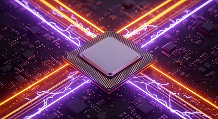 Central processing unit surrounded by vibrant neon energy streaks on a complex motherboard circuit