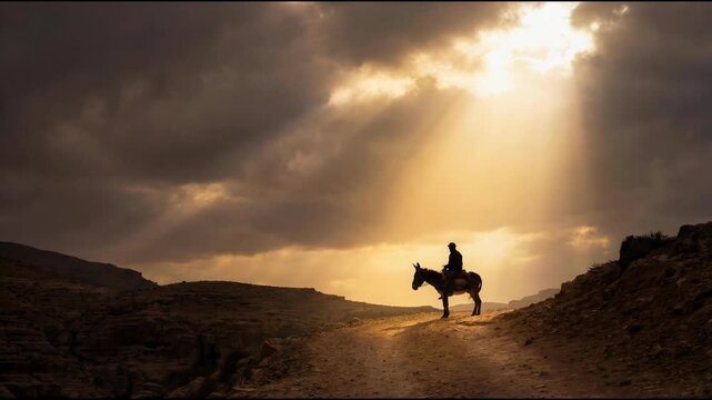 Balaam rides horse in divine light on path biblical scene