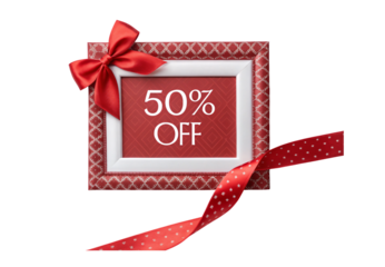 Decorative frame with 50 percent off discount and festive bow, isolated on a transparent background
